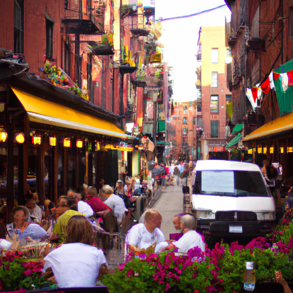 A bustling Italian street scene in Bostons North End, with people dining alfresco at a local Italian restaurant