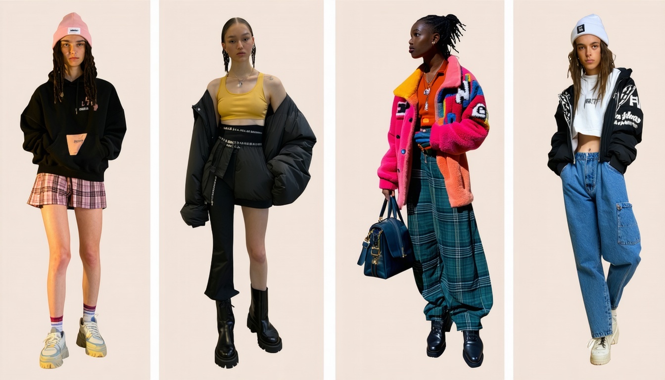 A collage of diverse fashion styles, from streetwe