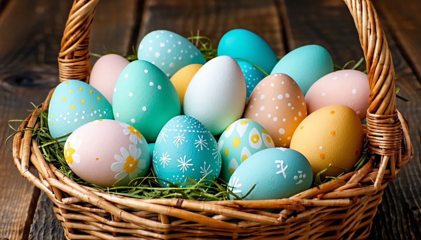 A collection of beautifully dyed Easter eggs in va