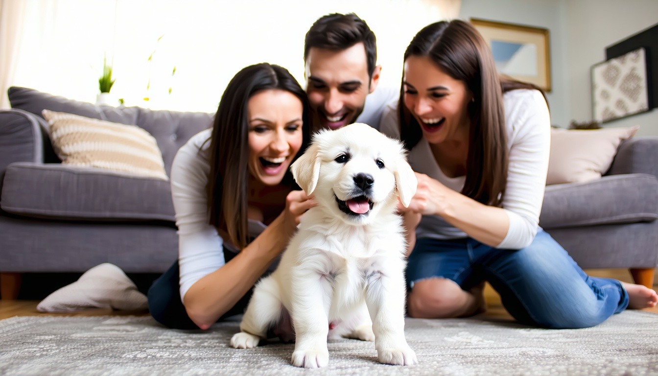 A delighted family playing with a cute puppy in th