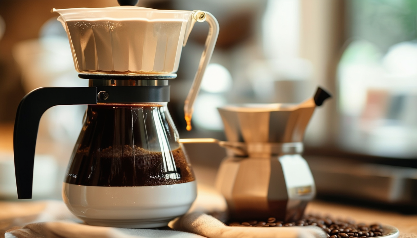 A high-quality image of a drip coffee maker brewin