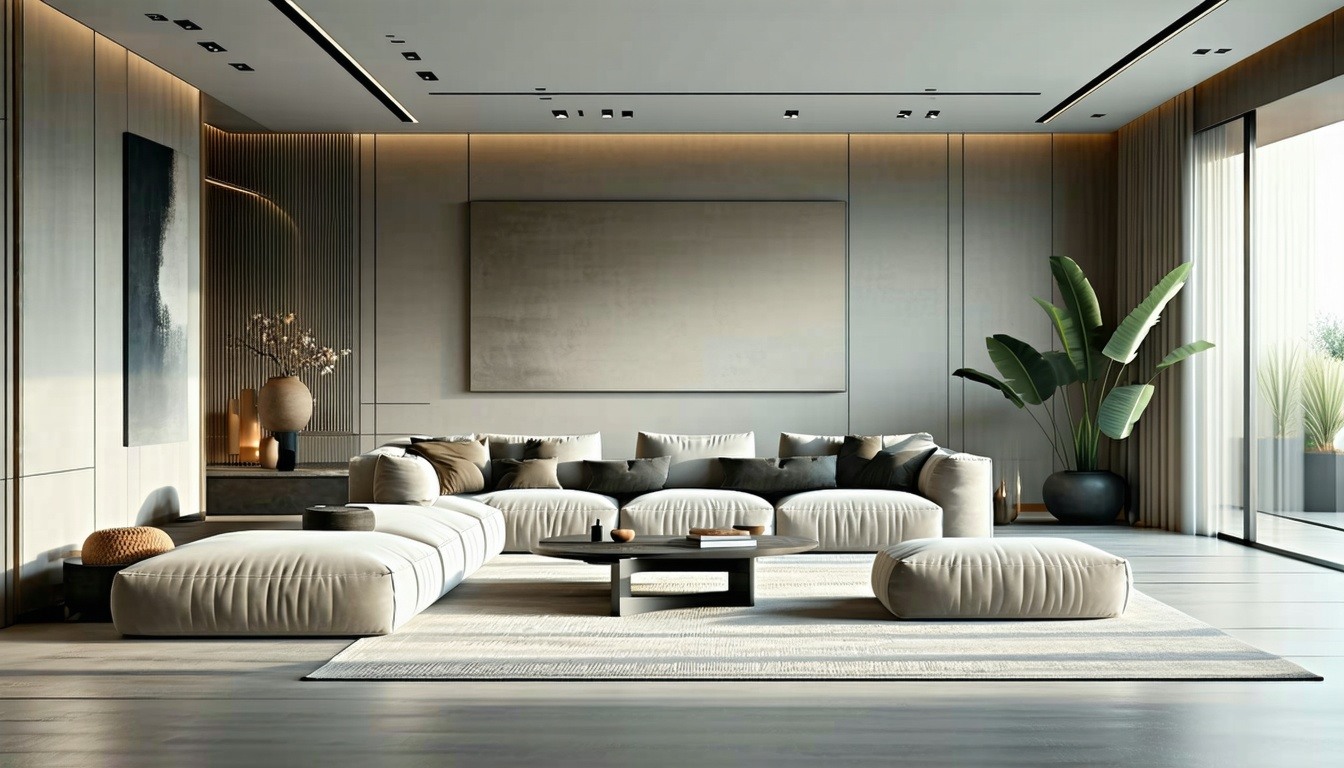 A sleek, uncluttered living room with neutral tone