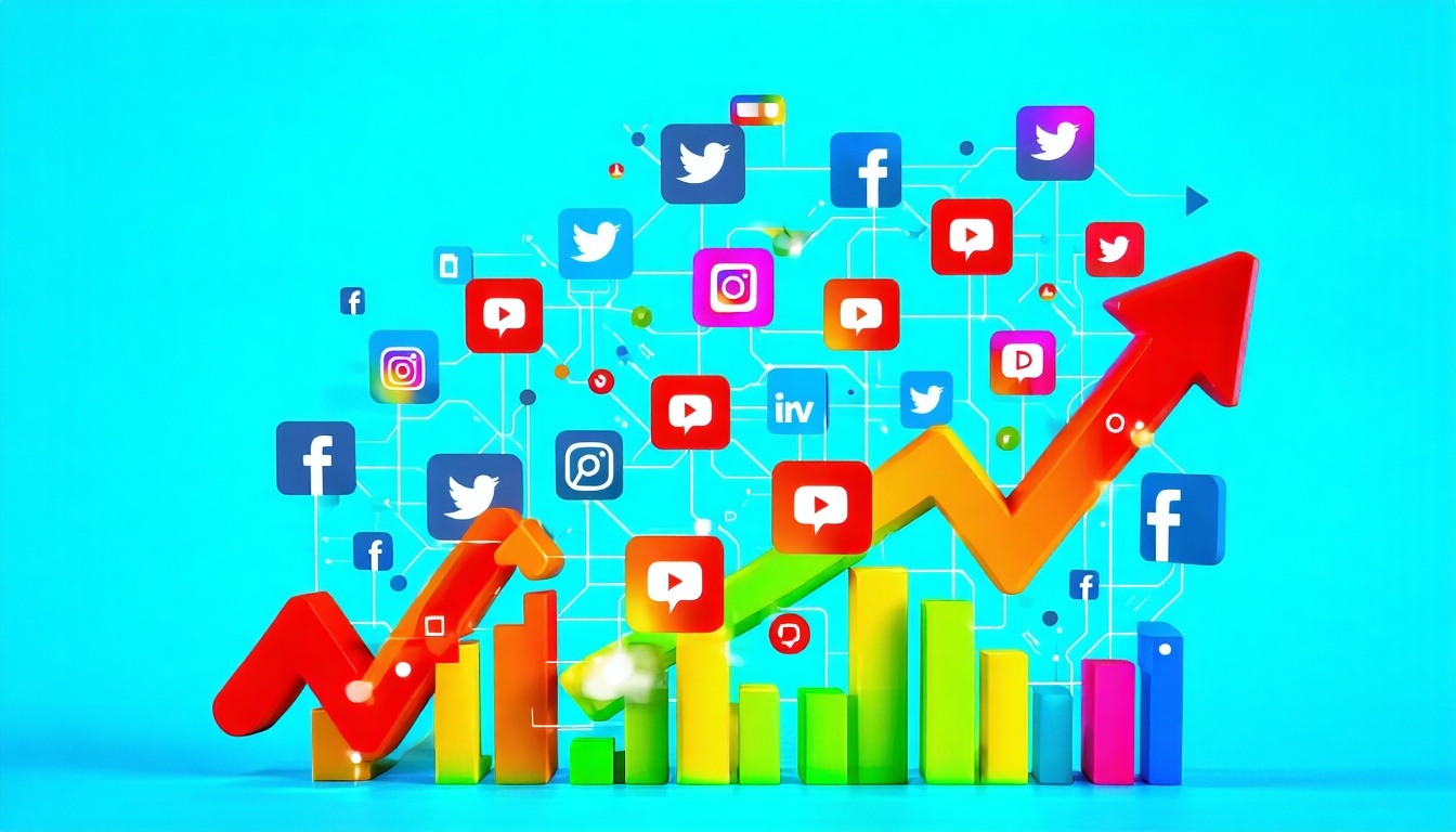 A vibrant graphic showing interconnected social me